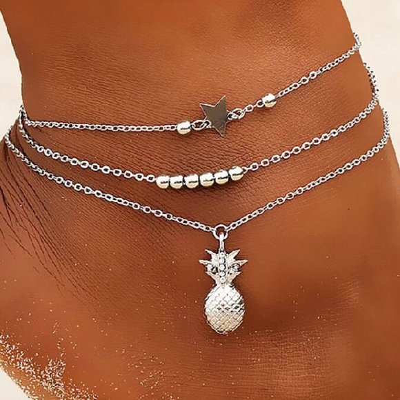 Jewelry - "925 Sterling Silver Plated CZ Pineapple Three Chains Anklet, GPMB1693